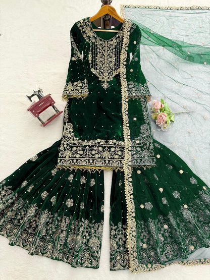Heavy Velvet Embroidered Lehenga Suit Set with Dupatta – 4 Color Options