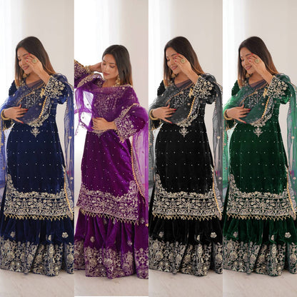 Heavy Velvet Embroidered Lehenga Suit Set with Dupatta – 4 Color Options
