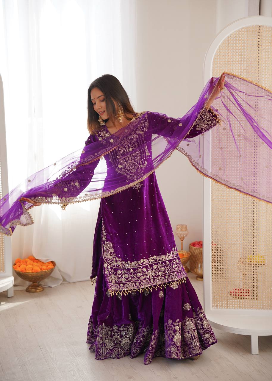 Heavy Velvet Embroidered Lehenga Suit Set with Dupatta – 4 Color Options