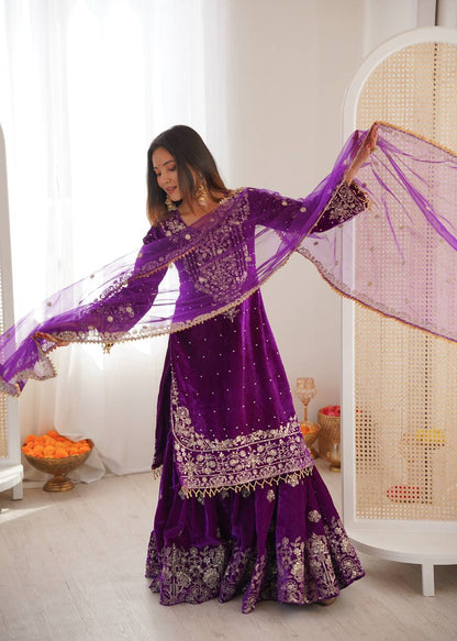 Heavy Velvet Embroidered Lehenga Suit Set with Dupatta – 4 Color Options