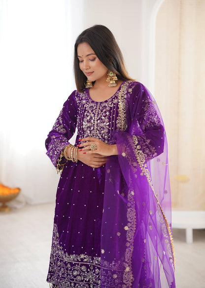 Heavy Velvet Embroidered Lehenga Suit Set with Dupatta – 4 Color Options