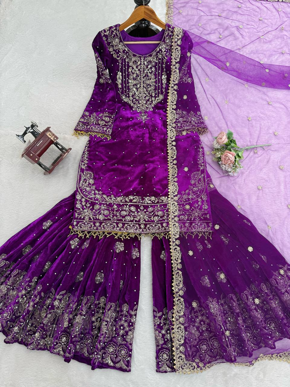 Heavy Velvet Embroidered Lehenga Suit Set with Dupatta – 4 Color Options