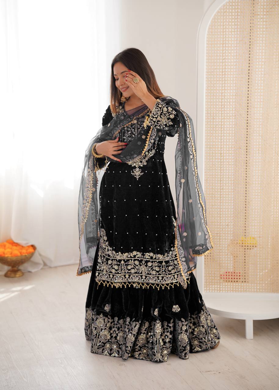 Heavy Velvet Embroidered Lehenga Suit Set with Dupatta – 4 Color Options
