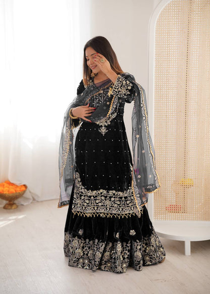 Heavy Velvet Embroidered Lehenga Suit Set with Dupatta – 4 Color Options