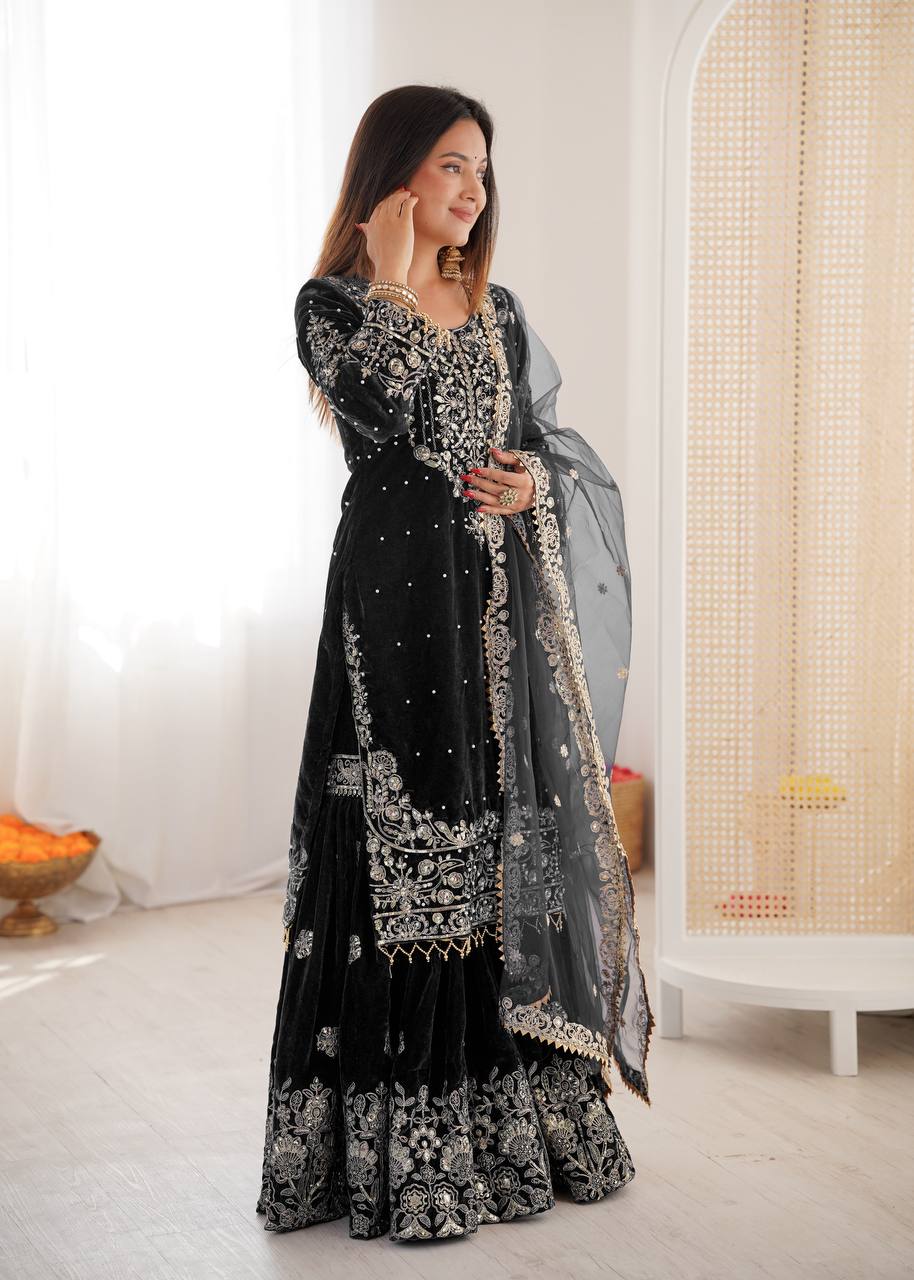 Heavy Velvet Embroidered Lehenga Suit Set with Dupatta – 4 Color Options