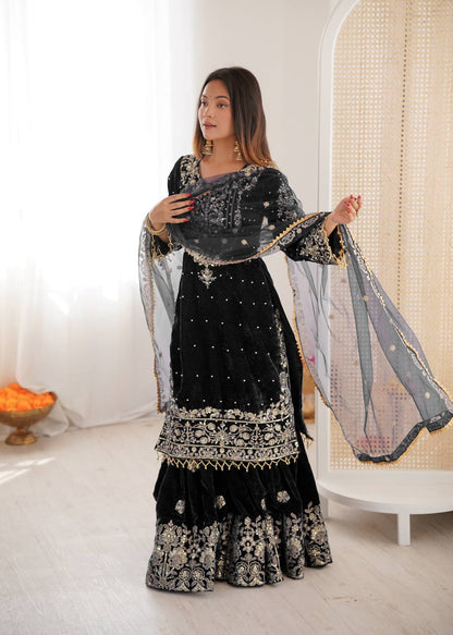 Heavy Velvet Embroidered Lehenga Suit Set with Dupatta – 4 Color Options