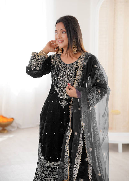 Heavy Velvet Embroidered Lehenga Suit Set with Dupatta – 4 Color Options