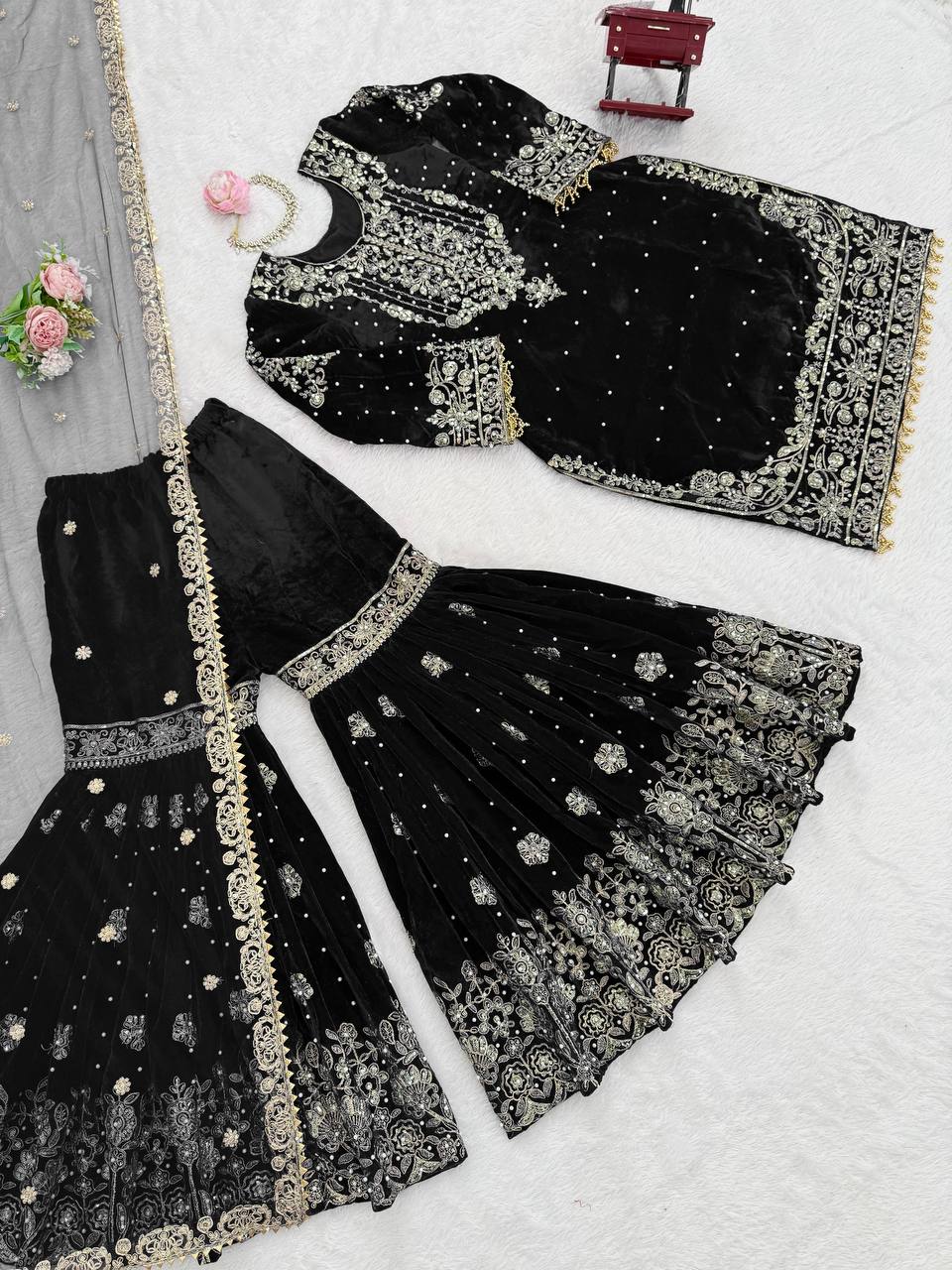 Heavy Velvet Embroidered Lehenga Suit Set with Dupatta – 4 Color Options