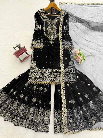Heavy Velvet Embroidered Lehenga Suit Set with Dupatta – 4 Color Options
