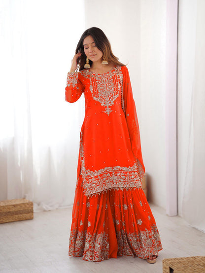 Designer Heavy Embroidered Kurta Sharara Suit Set with Dupatta | 10 Color Options