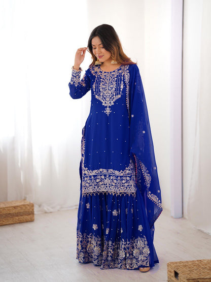 Designer Heavy Embroidered Kurta Sharara Suit Set with Dupatta | 10 Color Options