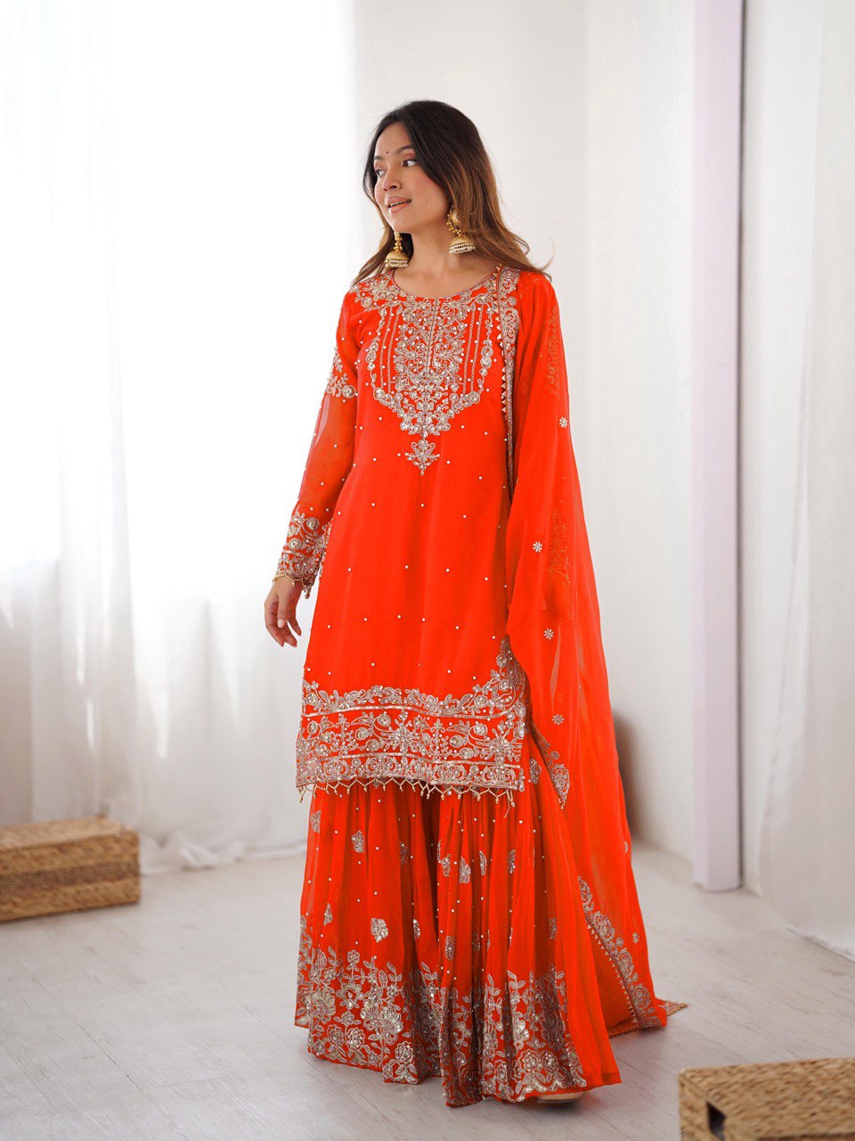 Designer Heavy Embroidered Kurta Sharara Suit Set with Dupatta | 10 Color Options
