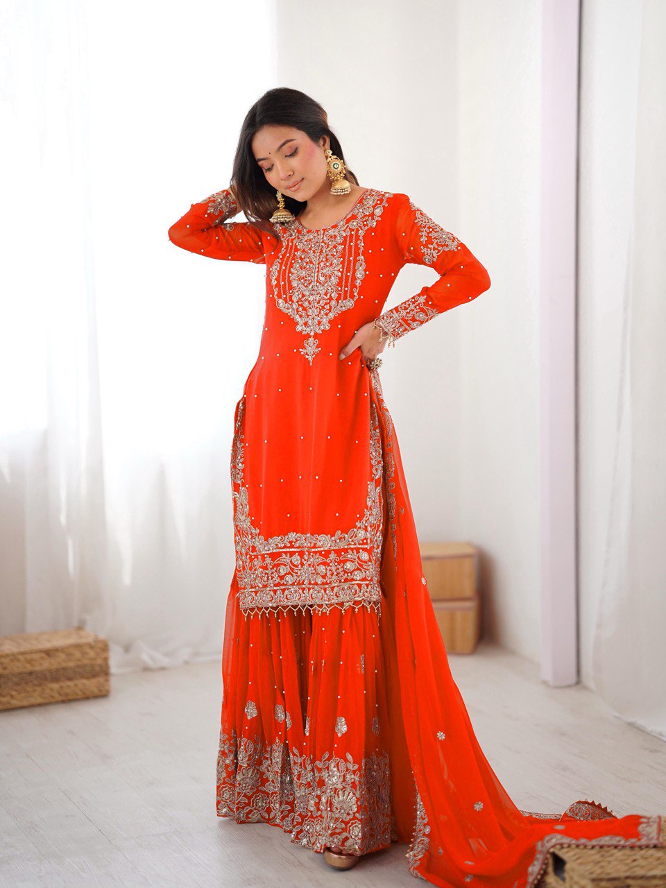 Designer Heavy Embroidered Kurta Sharara Suit Set with Dupatta | 10 Color Options