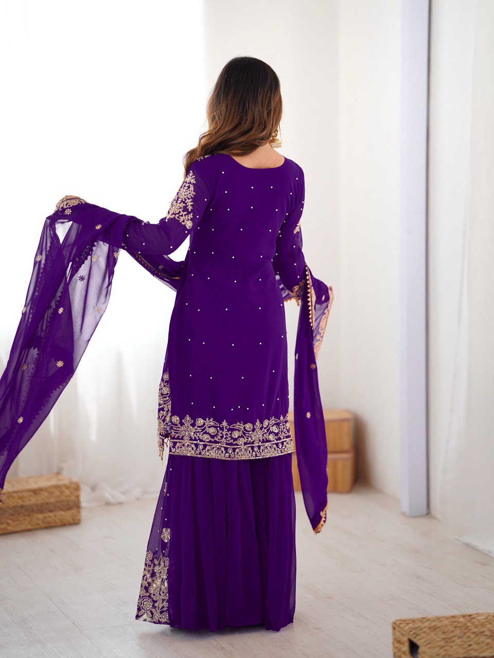 Designer Heavy Embroidered Kurta Sharara Suit Set with Dupatta | 10 Color Options