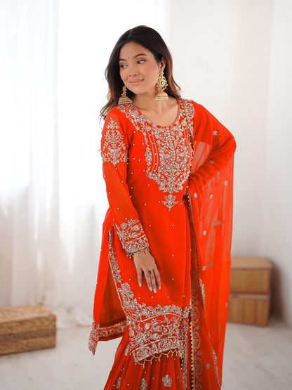 Designer Heavy Embroidered Kurta Sharara Suit Set with Dupatta | 10 Color Options