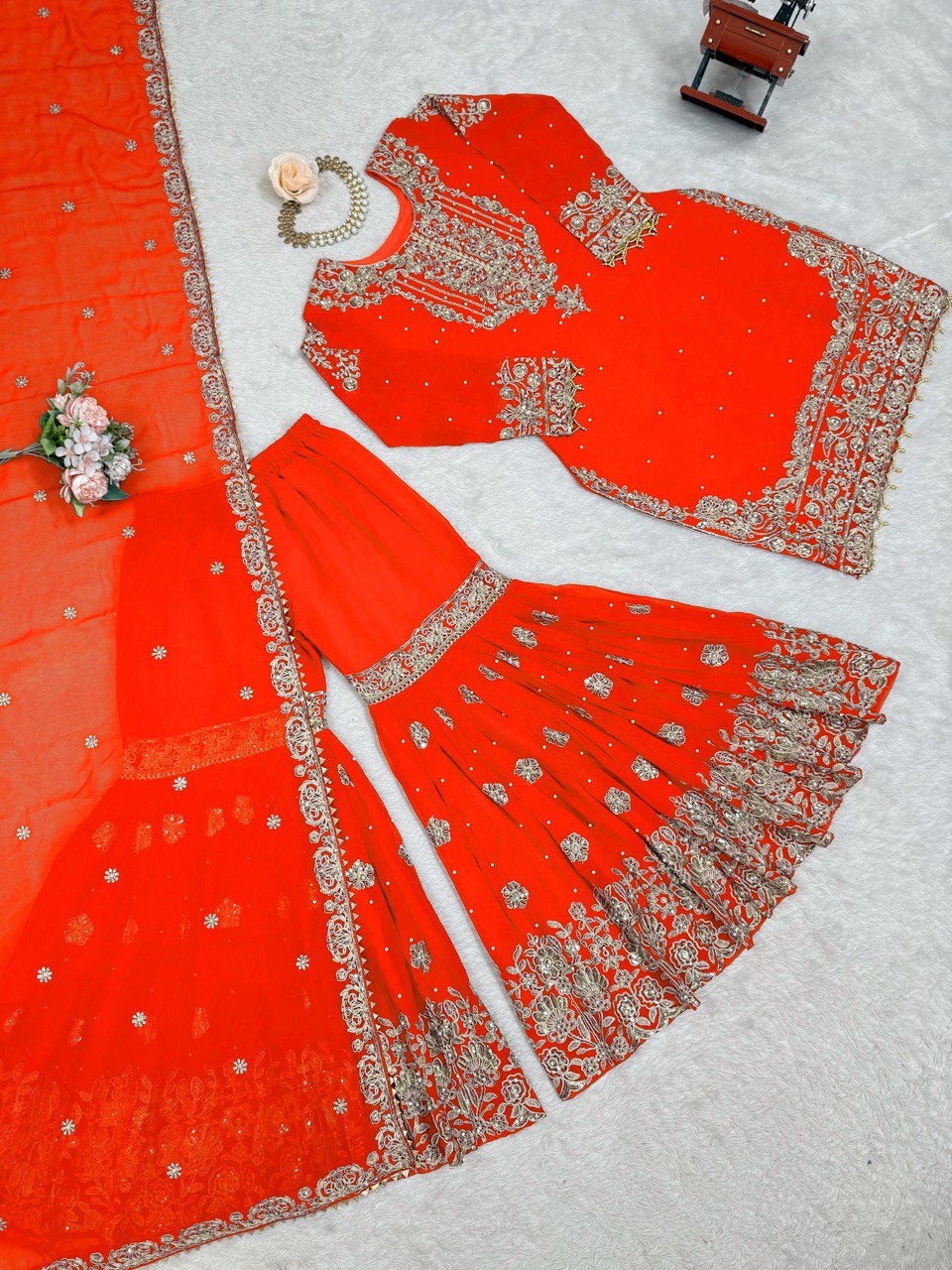 Designer Heavy Embroidered Kurta Sharara Suit Set with Dupatta | 10 Color Options