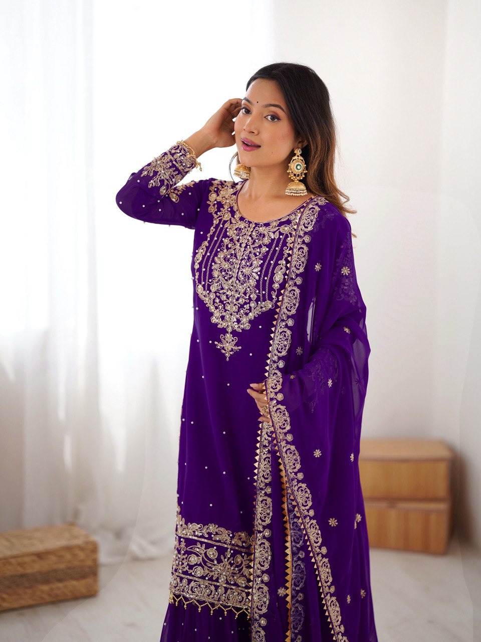 Designer Heavy Embroidered Kurta Sharara Suit Set with Dupatta | 10 Color Options