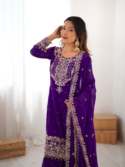 Designer Heavy Embroidered Kurta Sharara Suit Set with Dupatta | 10 Color Options