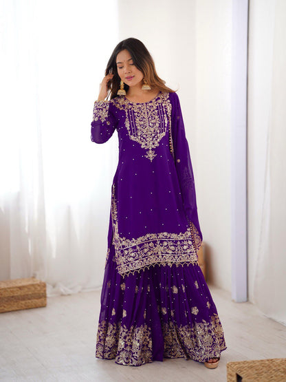 Designer Heavy Embroidered Kurta Sharara Suit Set with Dupatta | 10 Color Options