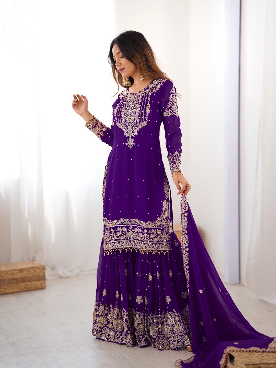 Designer Heavy Embroidered Kurta Sharara Suit Set with Dupatta | 10 Color Options