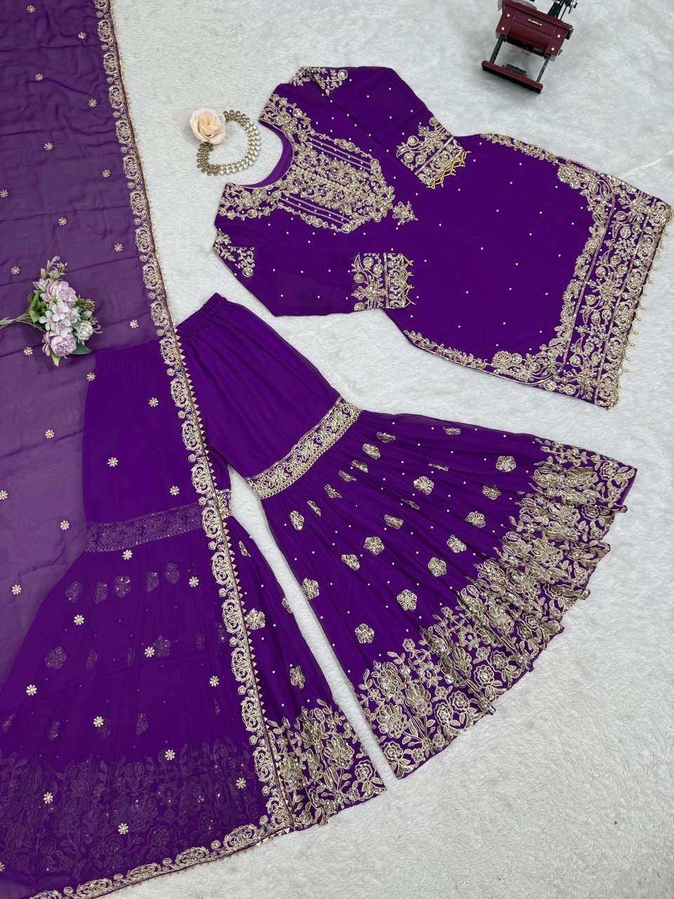 Designer Heavy Embroidered Kurta Sharara Suit Set with Dupatta | 10 Color Options