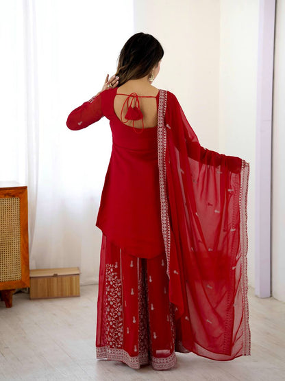 Red Heavy Embroidered Kurta Sharara Suit Set with Dupatta