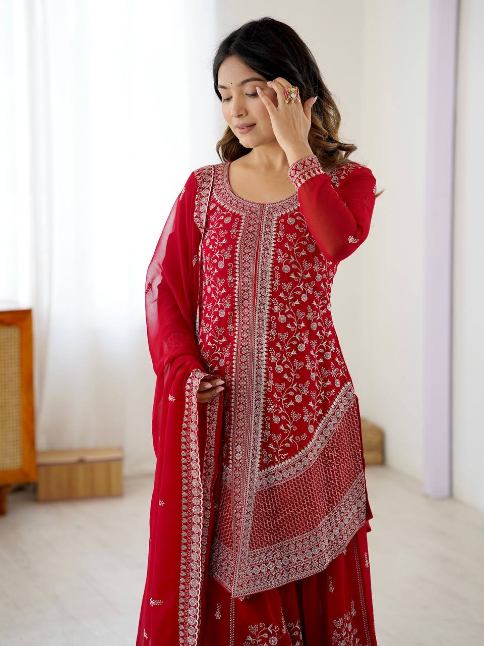 Red Heavy Embroidered Kurta Sharara Suit Set with Dupatta