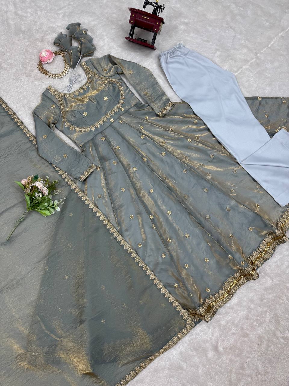 Embroidered Anarkali Suit Set with Dupatta & Bottom – 5 Color Options