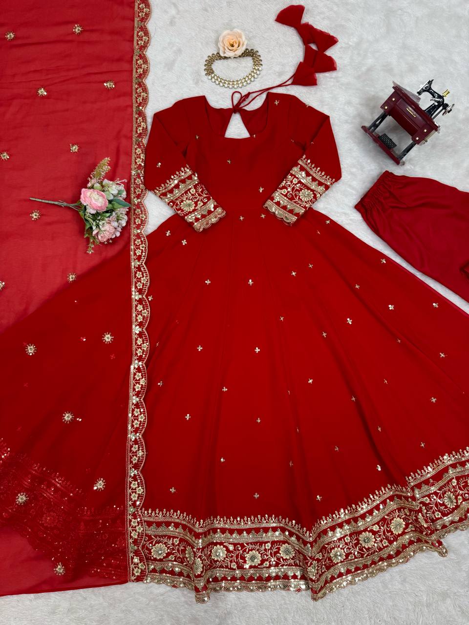 Elegant Georgette Anarkali Suit Set with Heavy Gota Lace Border & Dupatta – 4 Colors