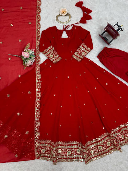 Elegant Georgette Anarkali Suit Set with Heavy Gota Lace Border & Dupatta – 4 Colors