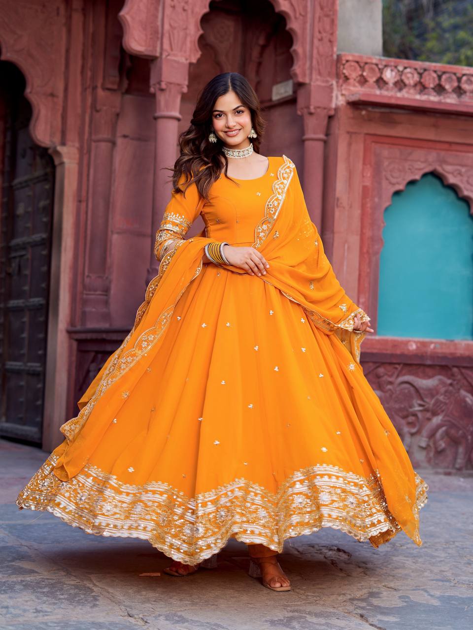Elegant Georgette Anarkali Suit Set with Heavy Gota Lace Border & Dupatta – 4 Colors