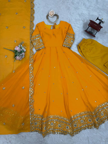 Elegant Georgette Anarkali Suit Set with Heavy Gota Lace Border & Dupatta – 4 Colors