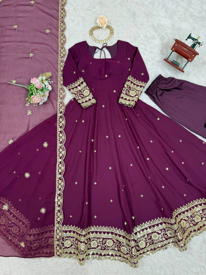 Elegant Georgette Anarkali Suit Set with Heavy Gota Lace Border & Dupatta – 4 Colors