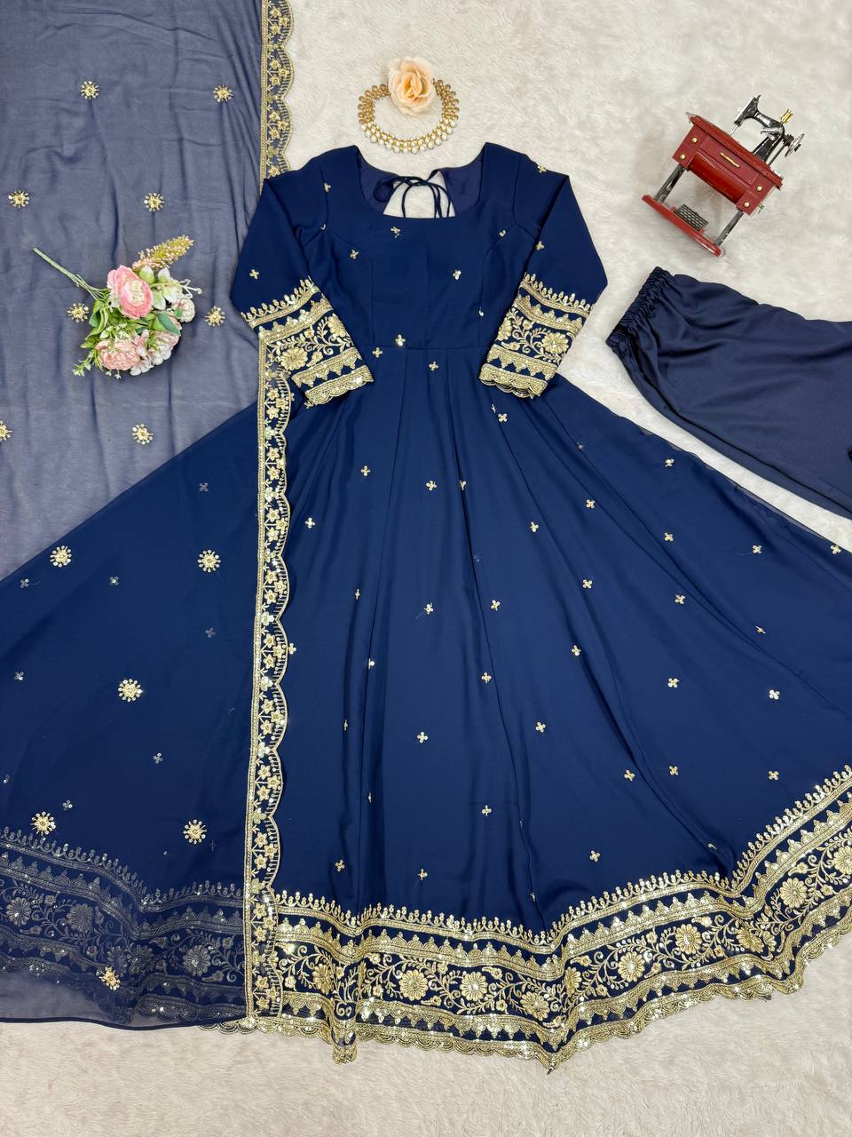 Elegant Georgette Anarkali Suit Set with Heavy Gota Lace Border & Dupatta – 4 Colors