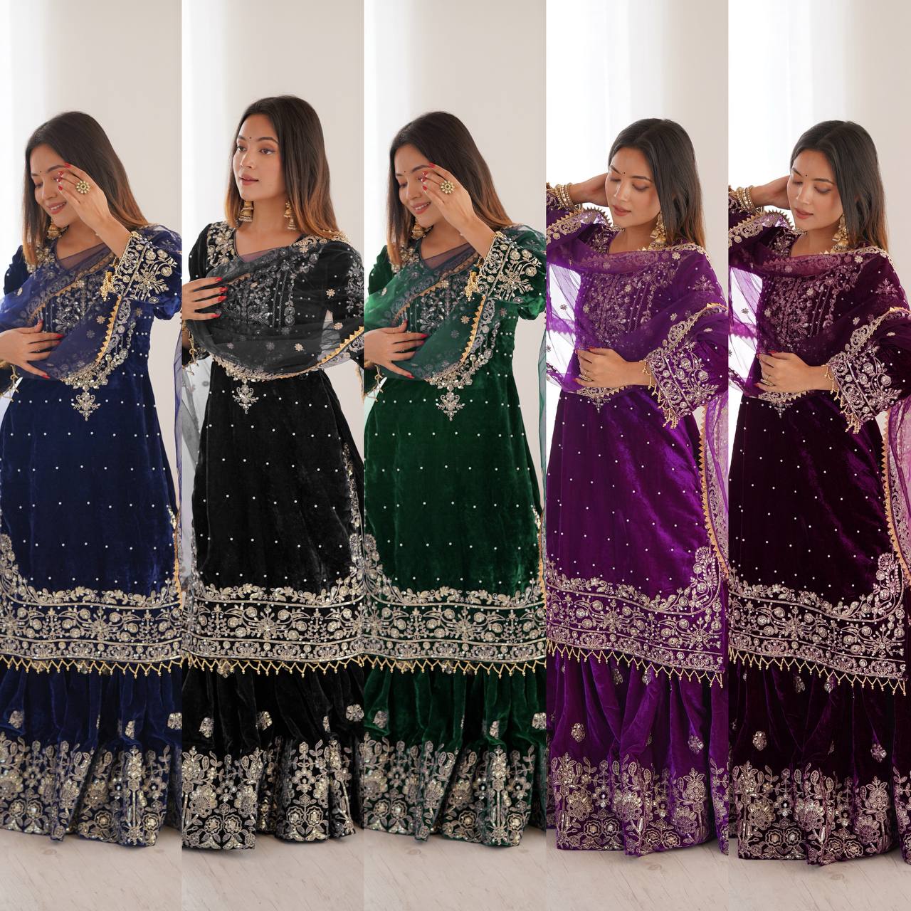 Heavy Velvet Embroidered Lehenga Suit Set with Dupatta – 4 Color Options