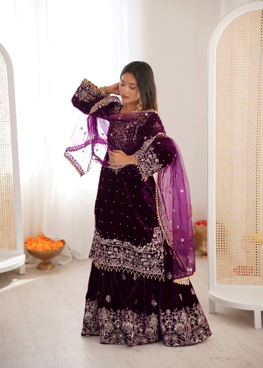 Heavy Velvet Embroidered Lehenga Suit Set with Dupatta – 4 Color Options