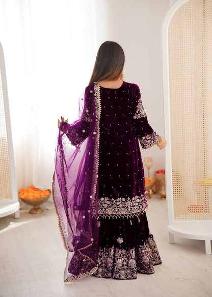Heavy Velvet Embroidered Lehenga Suit Set with Dupatta – 4 Color Options