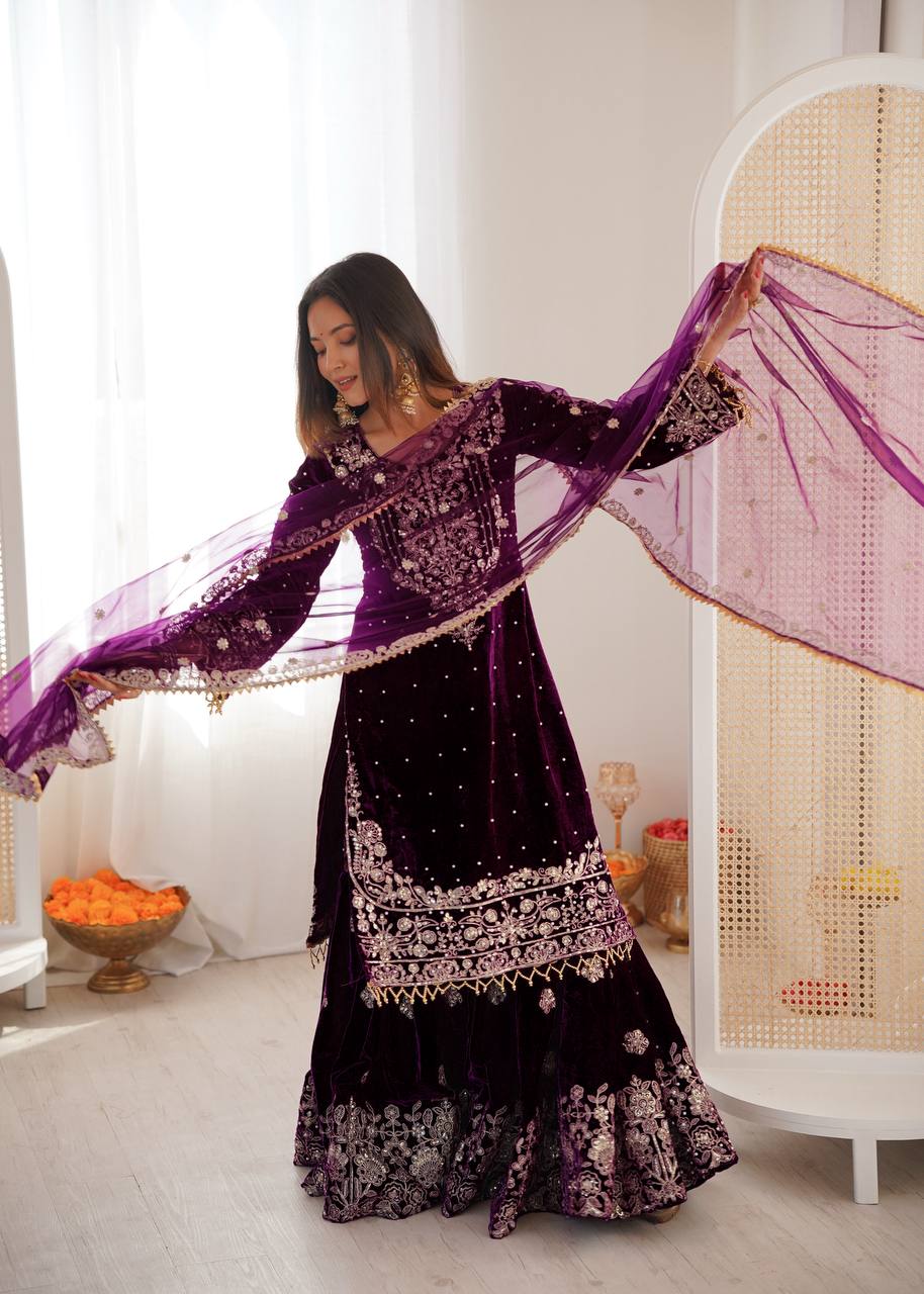 Heavy Velvet Embroidered Lehenga Suit Set with Dupatta – 4 Color Options