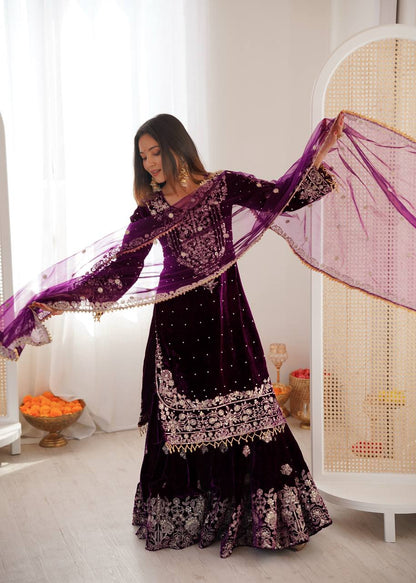Heavy Velvet Embroidered Lehenga Suit Set with Dupatta – 4 Color Options