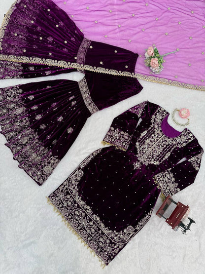 Heavy Velvet Embroidered Lehenga Suit Set with Dupatta – 4 Color Options