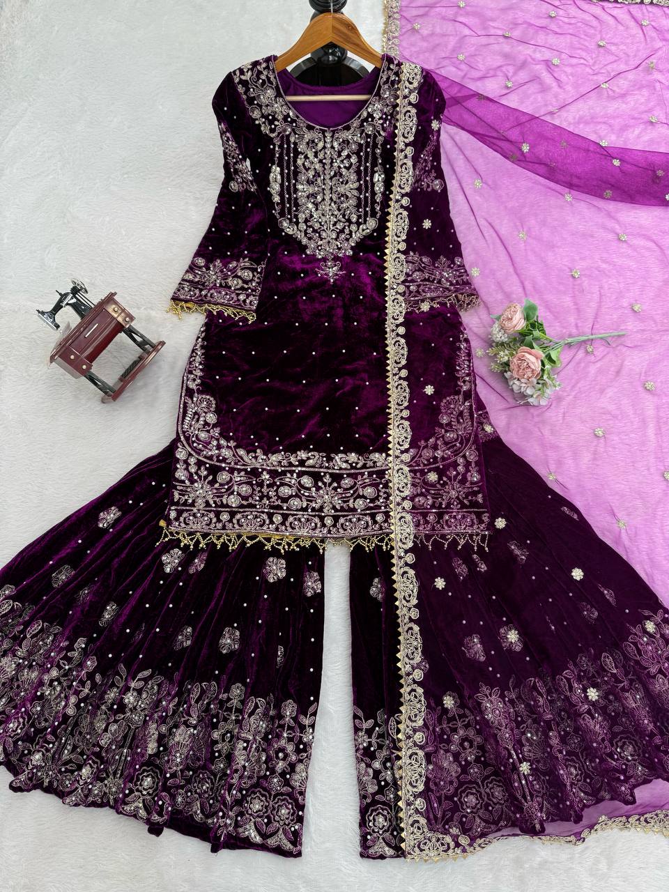 Heavy Velvet Embroidered Lehenga Suit Set with Dupatta – 4 Color Options