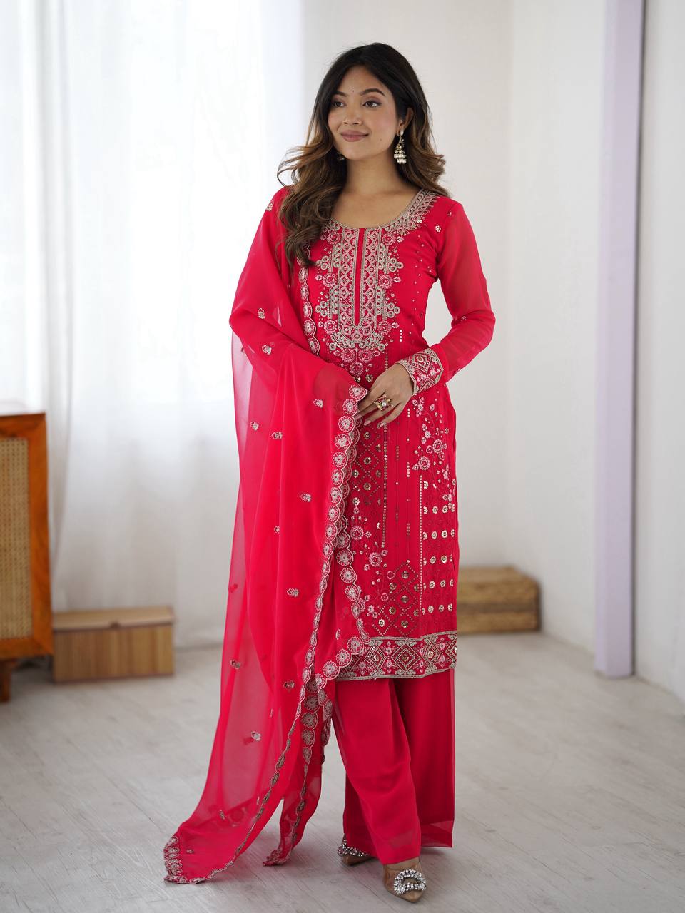 Premium Embroidered Kurti Set with Dupatta & Pant | Festive Wear | 2 Color Options