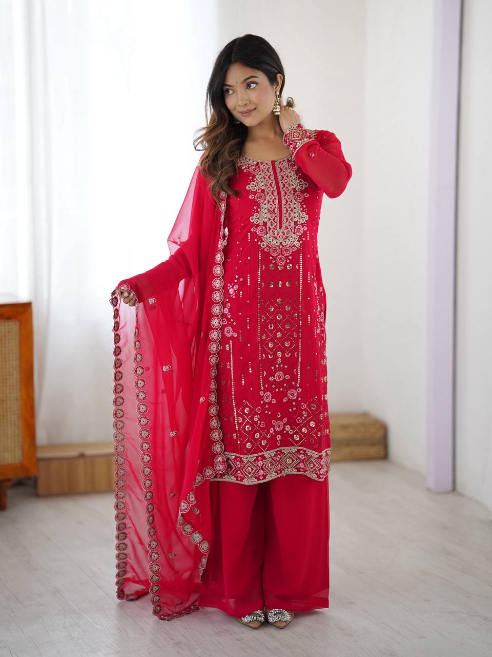 Premium Embroidered Kurti Set with Dupatta & Pant | Festive Wear | 2 Color Options