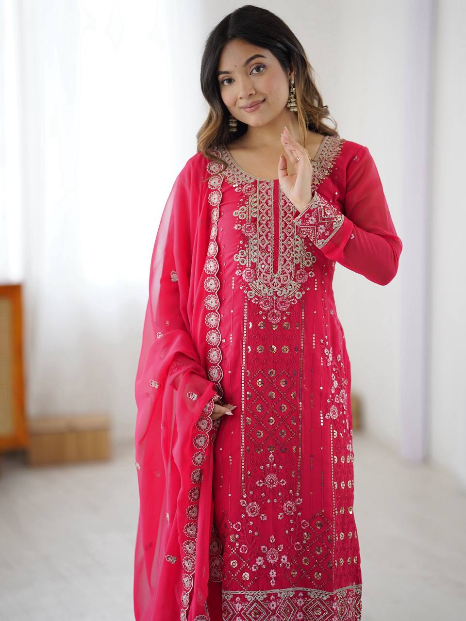 Premium Embroidered Kurti Set with Dupatta & Pant | Festive Wear | 2 Color Options