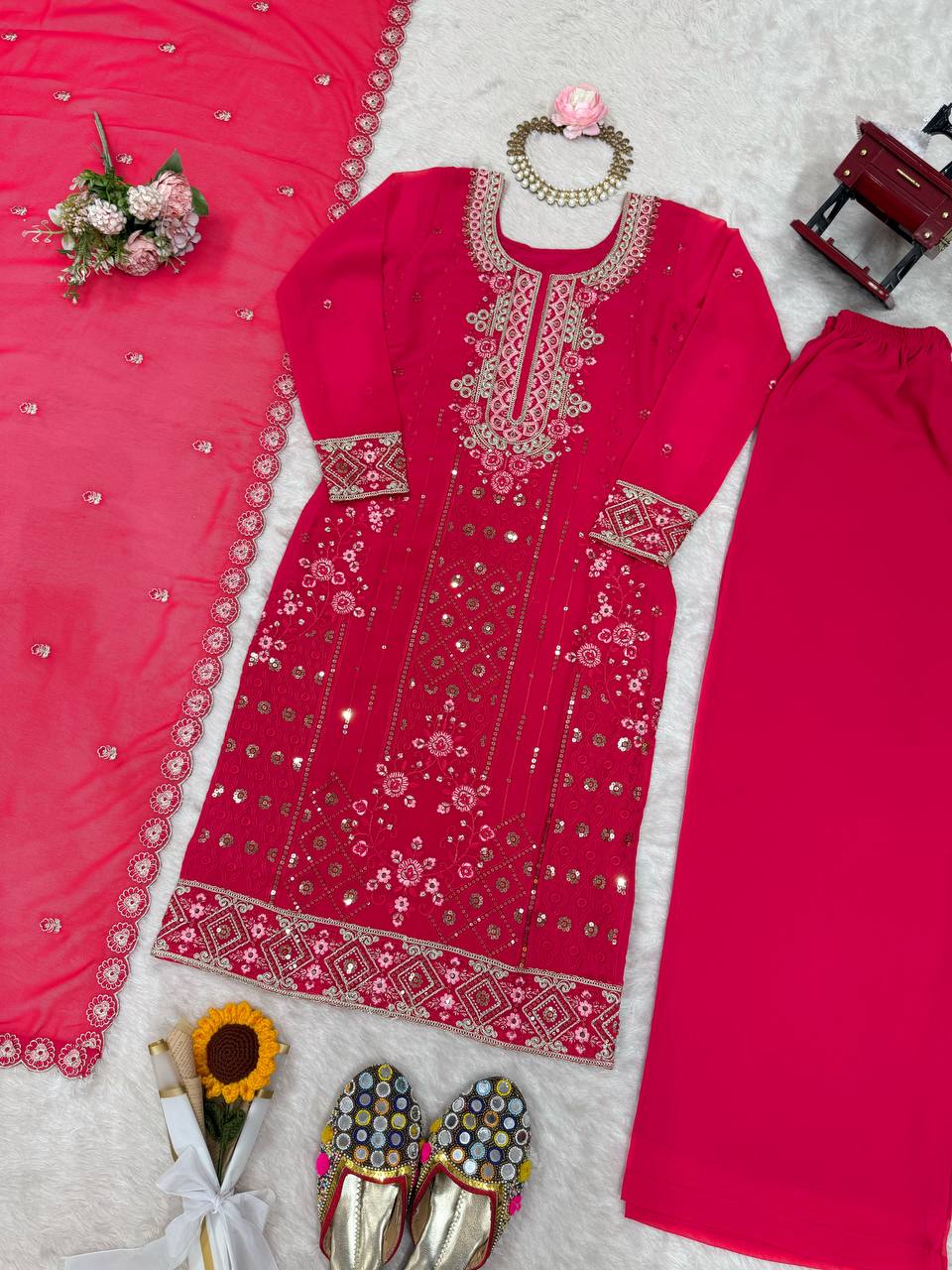 Premium Embroidered Kurti Set with Dupatta & Pant | Festive Wear | 2 Color Options