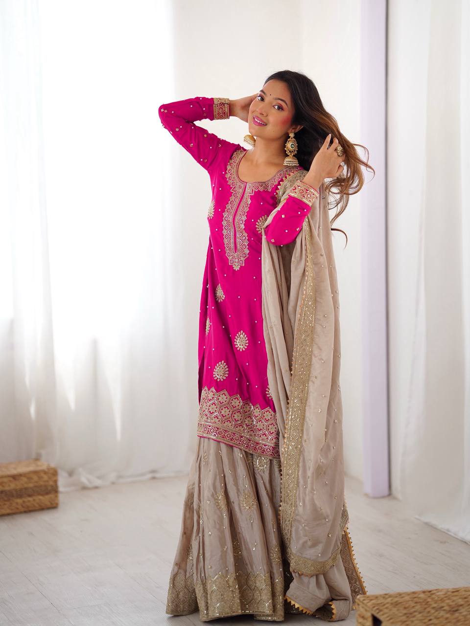 Elegant Embroidered Kurta Sharara Set with Dupatta – Festive Wear (4 Colors)