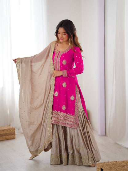 Elegant Embroidered Kurta Sharara Set with Dupatta – Festive Wear (4 Colors)