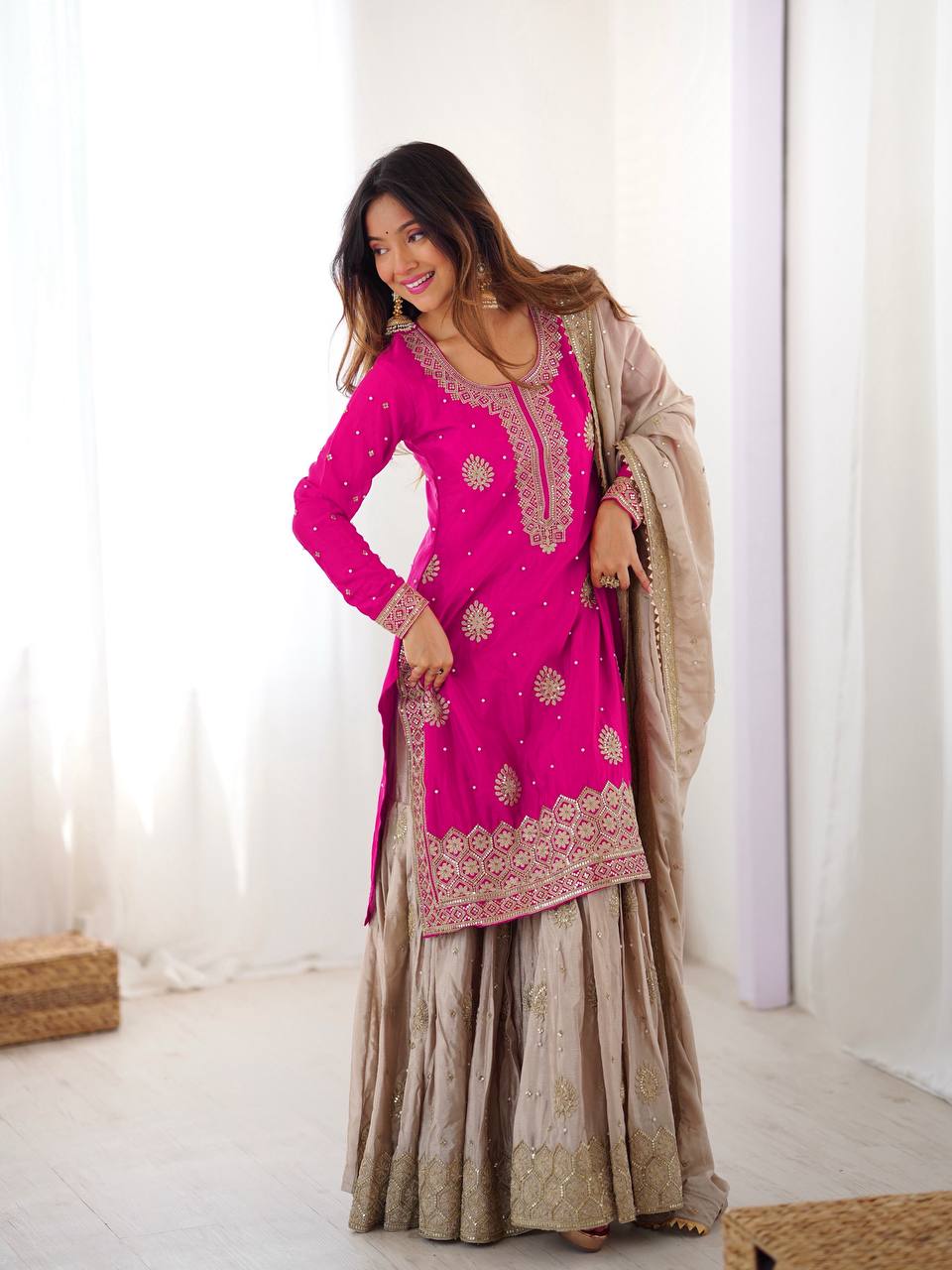 Elegant Embroidered Kurta Sharara Set with Dupatta – Festive Wear (4 Colors)