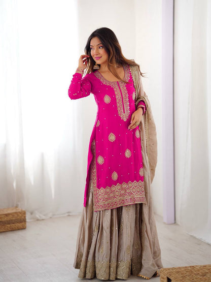 Elegant Embroidered Kurta Sharara Set with Dupatta – Festive Wear (4 Colors)
