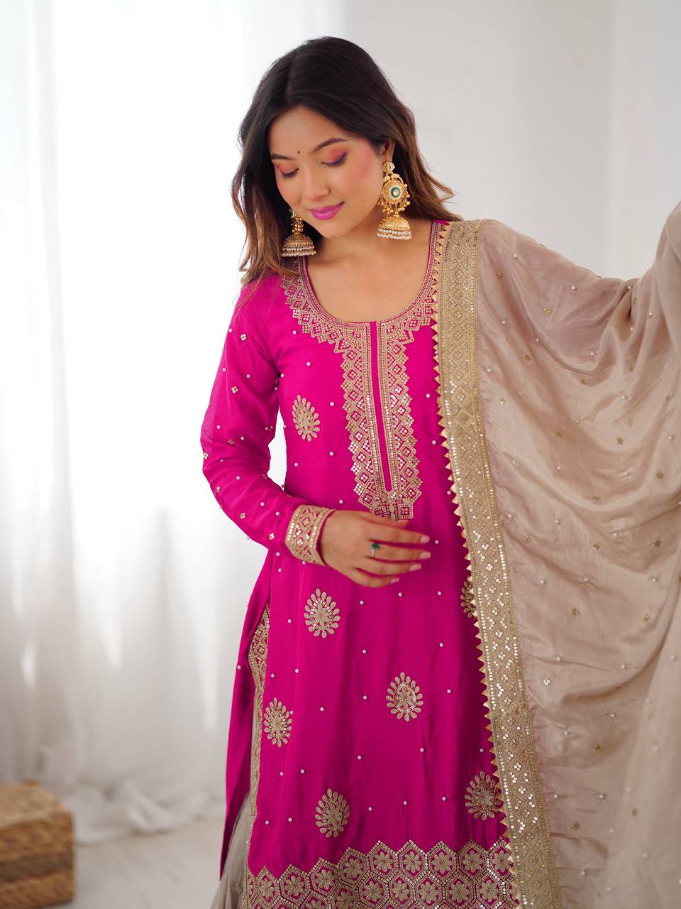 Elegant Embroidered Kurta Sharara Set with Dupatta – Festive Wear (4 Colors)